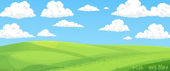 Obraz premium Beautiful Summer Day Green Rolling Hills Landscape Cartoon Illustration