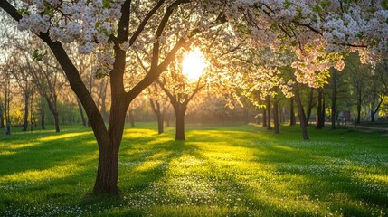 Obraz premium Immerse yourself in a tranquil spring landscape where blooming flowers and lush green grass create a refreshing atmosphere, illuminated by golden sunlight