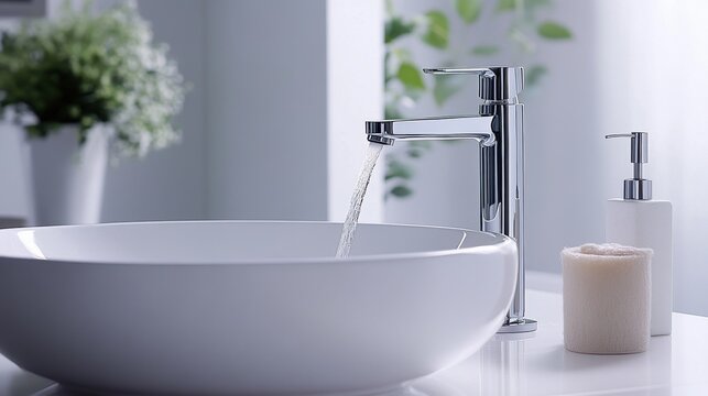 A high-quality image of a modern faucet running water into a minimalist white sink, reflecting the simplicity and elegance of the bathroom space.