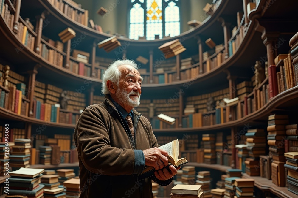 Poster man is standing in library with book in his hand