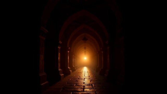 Ancient stone corridor with glowing candle light at end of dark tunnel. Medieval castle passage with gothic arches. Mystery medieval architecture and shadow concept