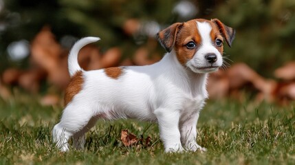 Adorable Puppy Standing on Grass with Brown Spots and Blue Eyes