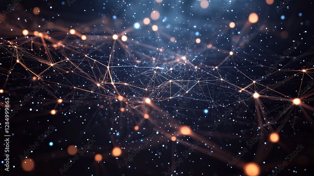 Poster neon-lit digital connections floating in dark space, forming a web of interaction and technology