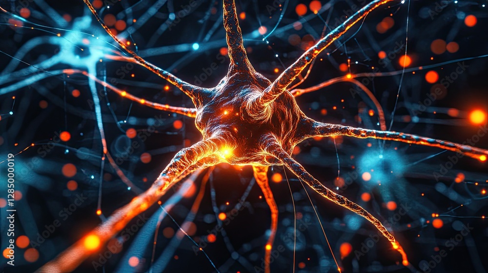 Poster orange neuron in a laboratory setting, providing a scientific and digital design representation of b
