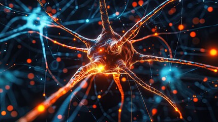 Orange neuron in a laboratory setting, providing a scientific and digital design representation of brain activity and technology