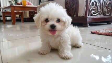 Adorable fluffy white puppy playing on shiny floor indoors