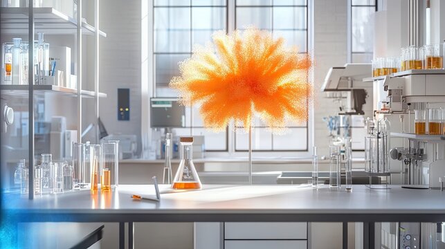 Orange neuron in a laboratory setting, wallpaper art representing the intersection of neuroscience and technology with vibrant, engaging visual elements.