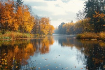 Obraz premium Tranquil Autumn River Bend with Colorful Foliage and Reflections in Calm Water