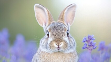 Obraz premium Cute rabbit in a field of purple flowers; perfect for children's books or nature themes