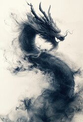 Fototapeta premium Majestic Chinese Dragon in Ink Wash Style with Glowing Eyes and Blotchy Mane