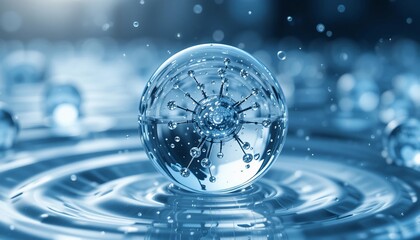 Obraz premium Abstract Water Molecule Sphere Microcosm Science Technology Crystal Ball Blue Liquid Ripples