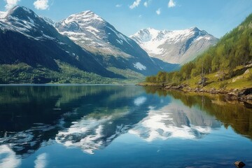 Obraz premium Tranquil Lake Reflections Under Snowy Peaks