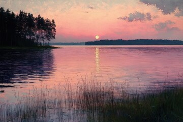 Lakeside Serenity at Dusk with Reflective Water and Distant Forest