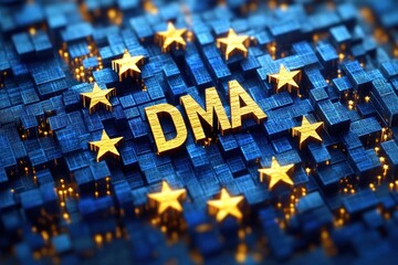 Digital Markets Act Concept with DMA Surrounded by Yellow Stars on Blue Background Representing Europe's Digital Legislation