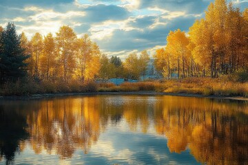 Obraz premium Autumn landscape with peaceful pond surrounded by golden trees and reeds under blue sky