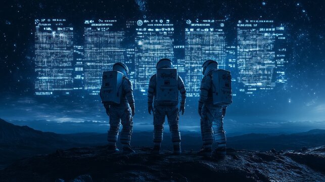 Three astronauts observing data panels over a barren extraterrestrial landscape