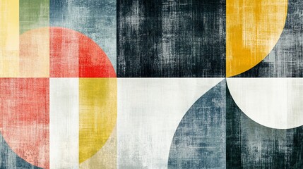 Abstract geometric art with circles and squares in muted tones.