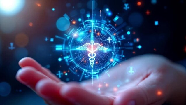 Hand holding holographic medical symbol, digital interface