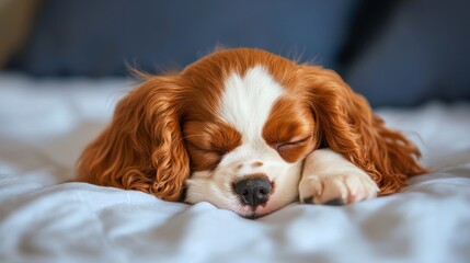 Cute Sleeping Puppy on Soft Bed with Warm Lighting and Furry Coat