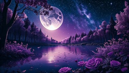 Fantasy Purple Moonlit Landscape – Dreamy Night Sky Over a Tranquil Lake