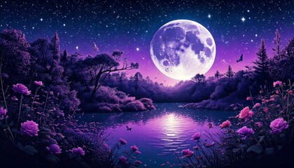 Fantasy Purple Moonlit Landscape – Dreamy Night Sky Over a Tranquil Lake