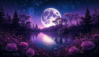 Fantasy Purple Moonlit Landscape – Dreamy Night Sky Over a Tranquil Lake