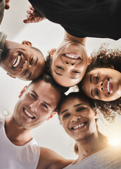 People, circle and smile with low angle at gym with portrait, diversity and training at fitness...