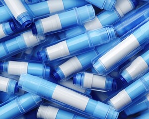 Close-up of Blue and White Medical Injectors Dosing Pens for Antidiabetic and Anti-Obesity Injection