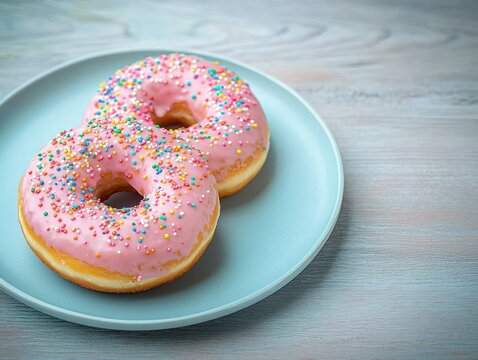 Whimsical Top View of Pink Frosted Donuts with Colorful Sprinkles on Light Blue Plate - Powered by Adobe