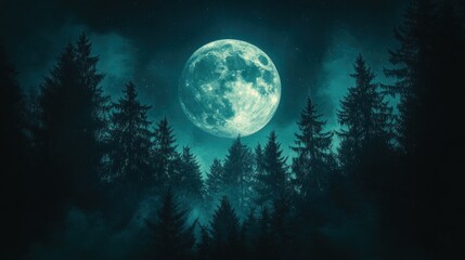 Fototapeta premium Full Moon Night Forest Mystical Scene