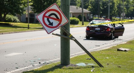Car Accident Scene with Damaged Vehicle and Fallen Traffic Sign