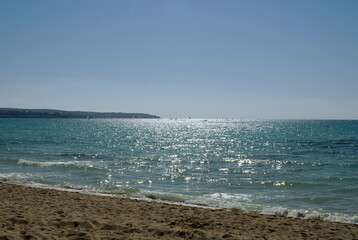 Mediterranean Sea with sailing and boat regatta in El Arenal, on sunny day in Mallorca island,...