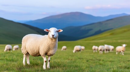 Obraz premium A serene rural landscape featuring a sheep standing proudly in a lush green meadow with rolling hills in the background. The scene captures the tranquility of nature and farm life.