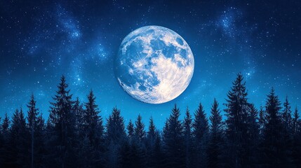 Fototapeta premium Full moon over silhouetted forest at night