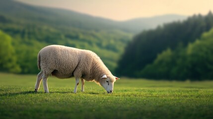 Naklejka premium A serene sheep grazes on a lush green field surrounded by rolling hills and wooded landscapes. This peaceful rural scene captures the beauty of nature and farm life.