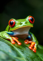 Fototapeta premium Red-Eyed Tree Frog Sitting on Leaf