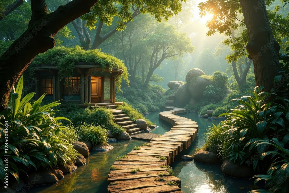 Poster sun shines through trees and leaves on path