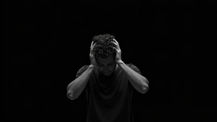  Upset man in a dark room covering his ears, showing frustration and sensory overload, reflecting themes of depression and mental health
