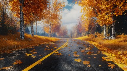 Obraz premium Scenic Image of a Forest Path in Autumn Foliage Ultra-Detailed
