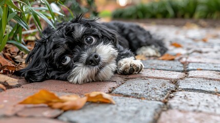 Fototapeta premium Playful Black and White Dog Lying on Colorful Cobblestone Pathway