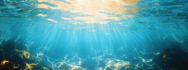 Naklejka premium Underwater Serenity Shimmering Sunlight Reflections and Ripples in Clear Blue Water for Tranquil Summer Background