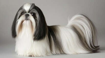 Charming Shih Tzu With Lush Coat Posed Gracefully On Gray Background