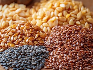 Naklejka premium Close-up of Flax Seeds with Natural Light Macro Photography Texture and Color Detail