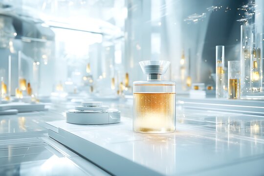 An elegant fragrance bottle is displayed in a futuristic laboratory