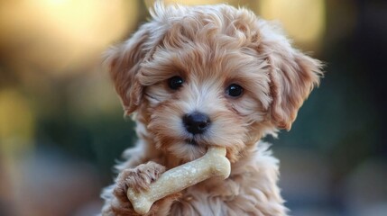 Cute Fluffy Puppy Chewing on Treat in Natural Outdoor Setting