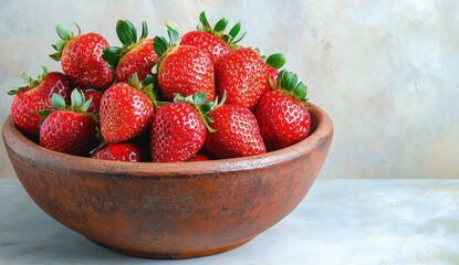Fresh Strawberries in Rustic Clay Bowl with Natural Light on Soft Background