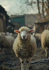 Obraz premium Group of Fluffy Sheep Standing on Green Grass