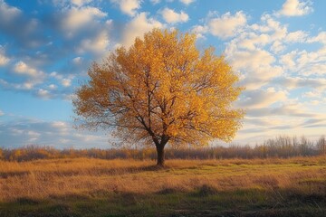 Fototapeta premium Solitary Tree with Golden Leaves in Serene Meadow Under Blue Sky