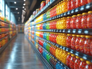 Fototapeta premium Vibrant Grocery Aisle Scene with Colorful Product Packaging and Warm Atmosphere
