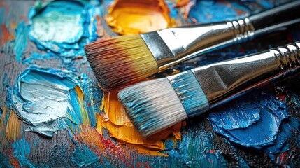 Fototapeta premium Artist Brushes on Vibrant Color Palette Textured Oil Paint Hyper-Realistic Abstract Composition